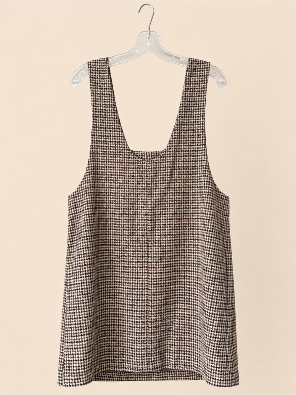 Preppy Academia Brown Houndstooth Pinafore Dress Jumper Plaid L